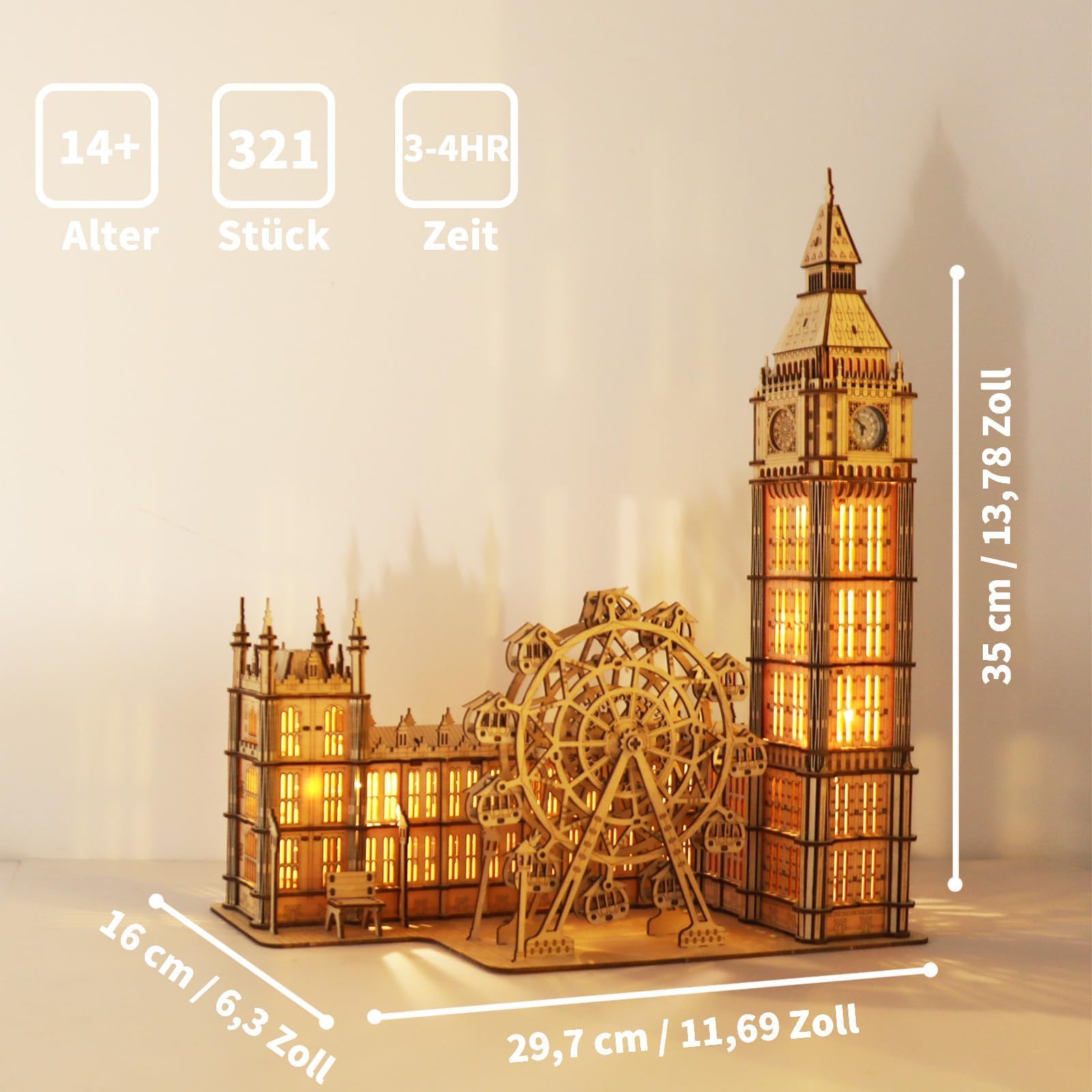 Music Park 3D Puzzle Holz Erwachsene Big Ben Modellbau mit echter Uhr Personalisierte Geschenke für Frauen Deko Wohnzimmer