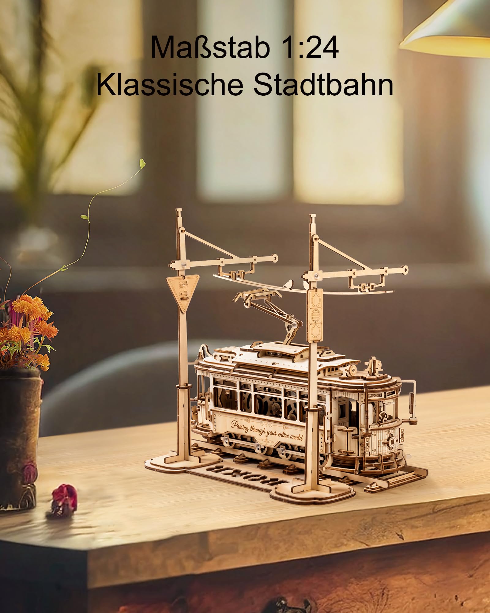 ROKR 3D Puzzle Holz Holzmodelle Bausätze für Erwachsene Klassische Stadt Straßenbahn Auto Modell, Classic City Tram, LK801