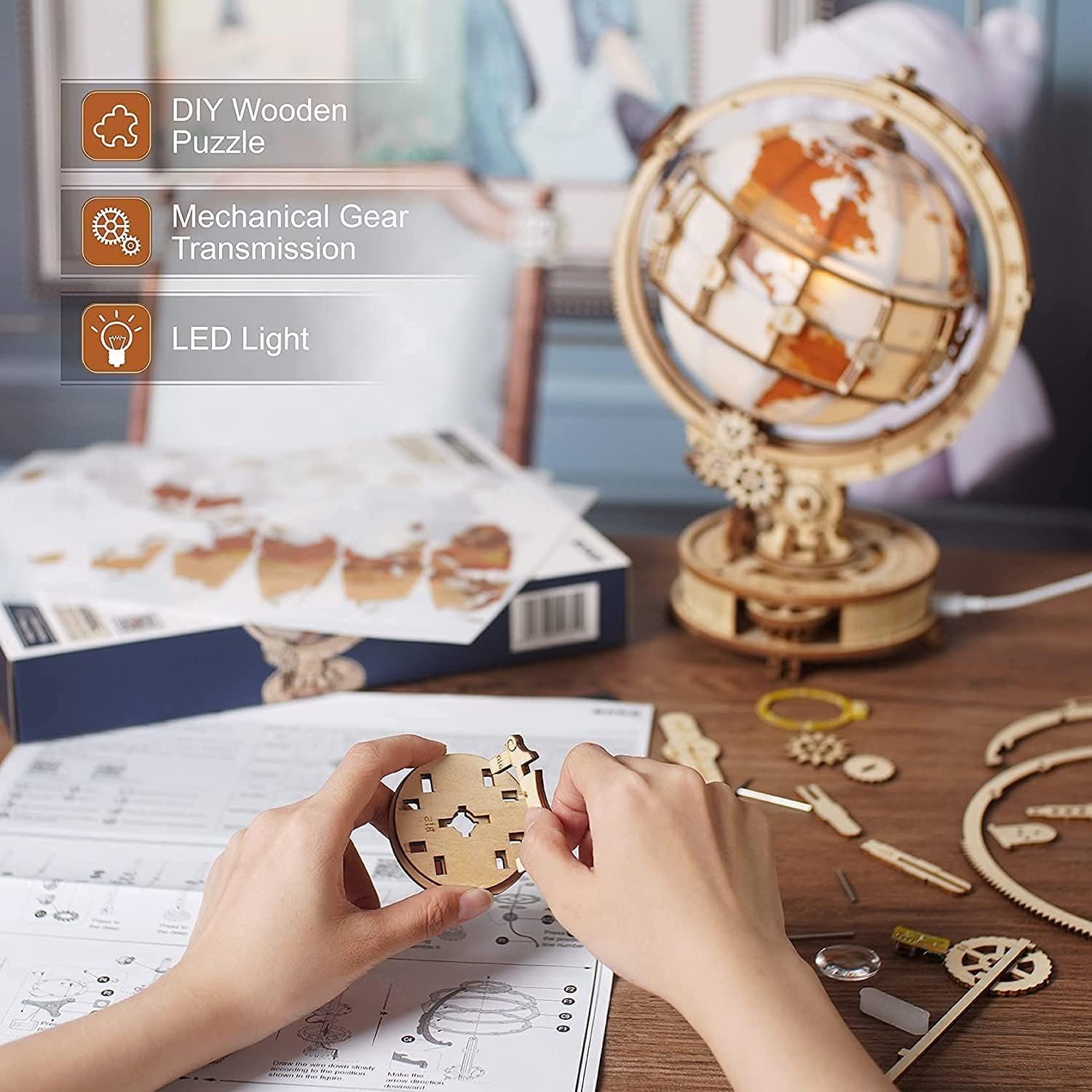 RoWood 3D Puzzle Holz Leuchtender Globus Modellbau mit LED, DIY 3D Holzpuzzle Weltkugel Modellbausatz Bastelsets für Erwachsene, Bastelset Geschenk zum Geburtstag/Weihnachten