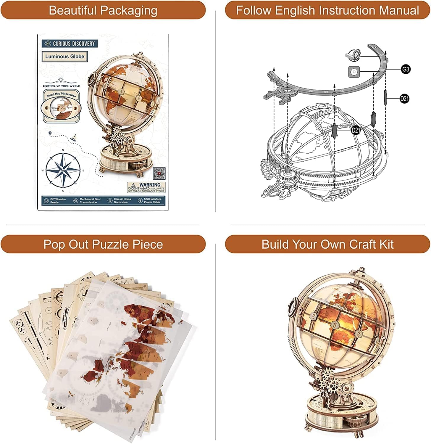 RoWood 3D Puzzle Holz Leuchtender Globus Modellbau mit LED, DIY 3D Holzpuzzle Weltkugel Modellbausatz Bastelsets für Erwachsene, Bastelset Geschenk zum Geburtstag/Weihnachten