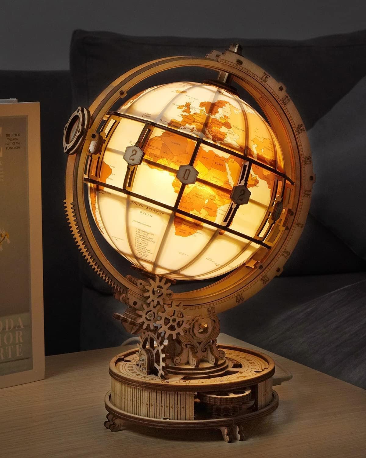 RoWood 3D Puzzle Holz Leuchtender Globus Modellbau mit LED, DIY 3D Holzpuzzle Weltkugel Modellbausatz Bastelsets für Erwachsene, Bastelset Geschenk zum Geburtstag/Weihnachten