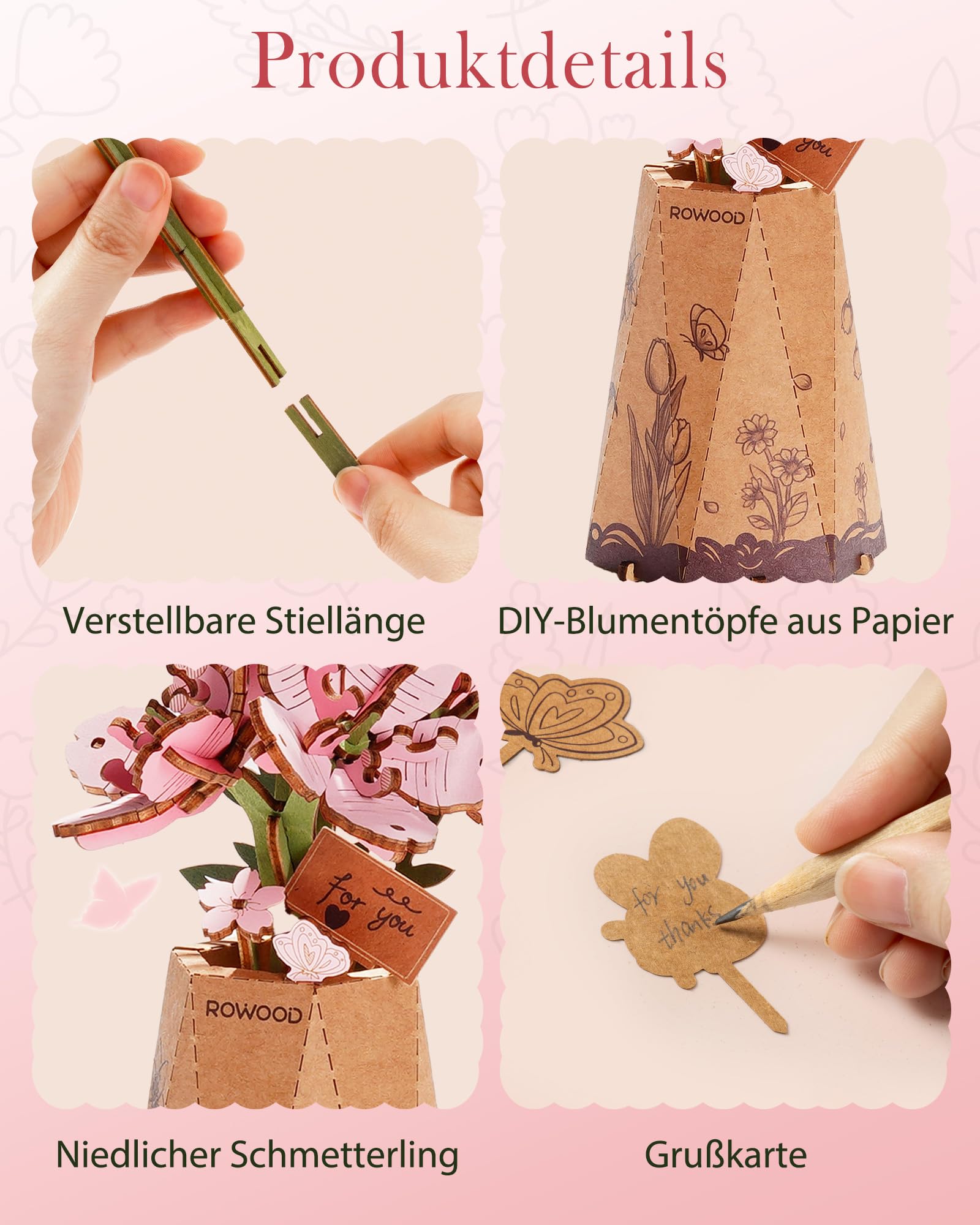 rowood Sakura Künstliche Blume Holz 3D Puzzle Bastelset für Erwachsene Kinder Holzblume Modellbausätz für Dekoration Zuhause Kreative Geschenkidee zum Muttertag Valentinstag