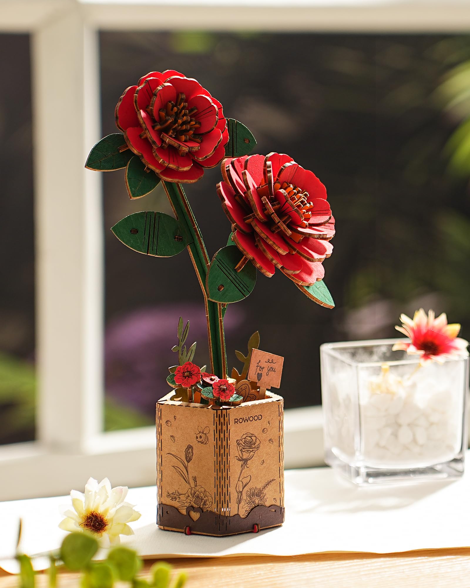 rowood 3D Puzzle Rote Kamelie, DIY-Blume Aus Holz, Modellbausätze Für Künstliche Blumen Zum Zusammenbauen Für Erwachsene, Beste Heimdekoration Und Valentinstags-Spielzeug-Geschenkset