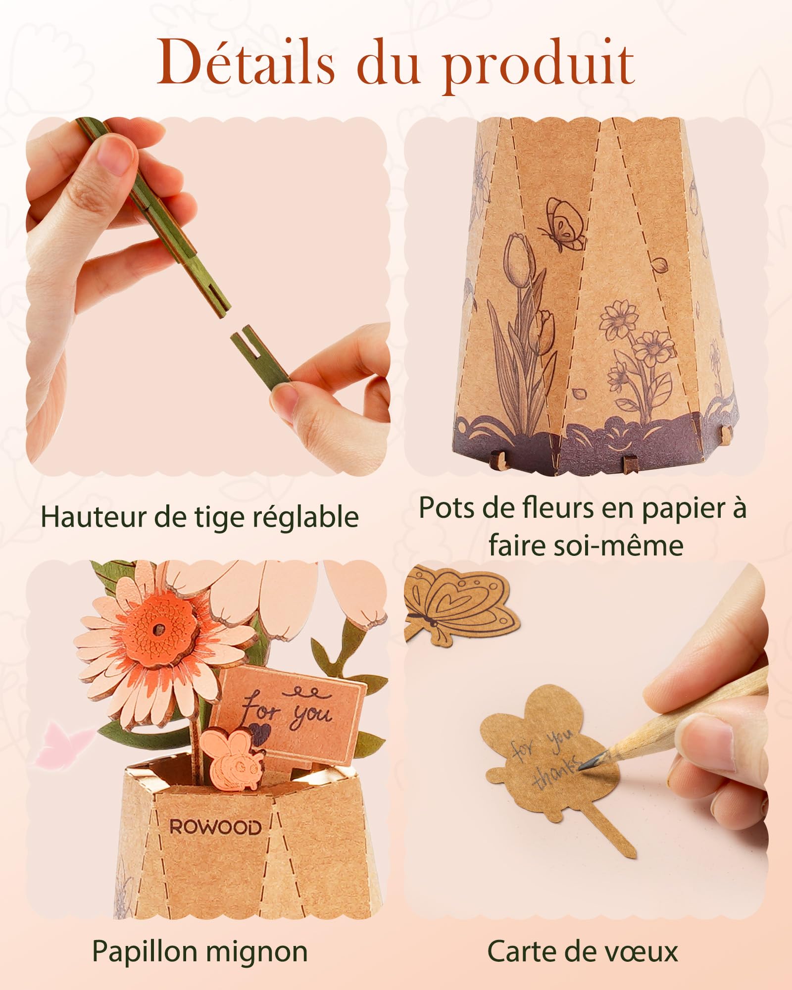 rowood Gerbera Künstliche Blume Holz 3D Puzzle Bastelset für Erwachsene Kinder Holzblume Modellbausätz für Dekoration Zuhause Kreative Geschenkidee zum Muttertag Valentinstag