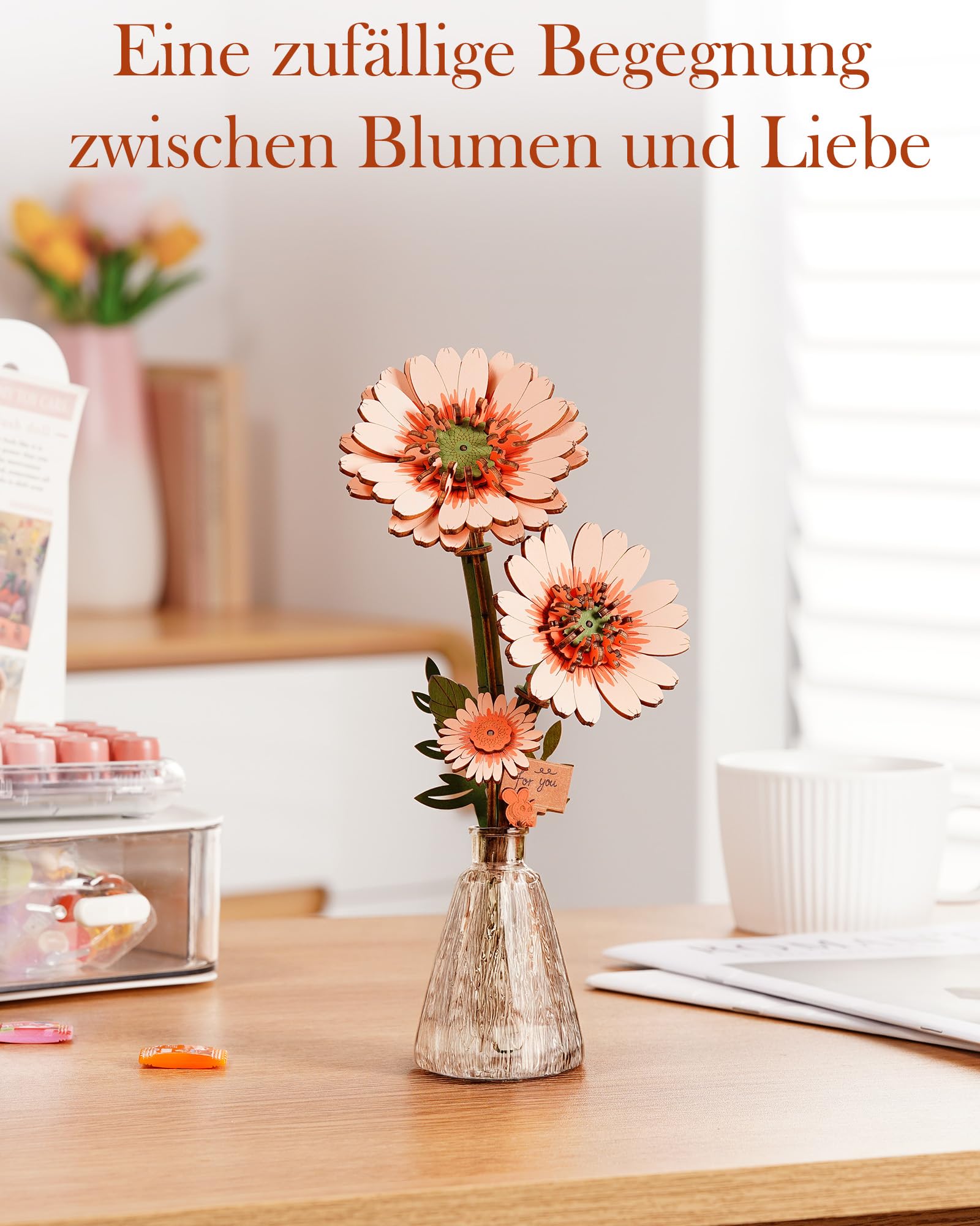 rowood Gerbera Künstliche Blume Holz 3D Puzzle Bastelset für Erwachsene Kinder Holzblume Modellbausätz für Dekoration Zuhause Kreative Geschenkidee zum Muttertag Valentinstag