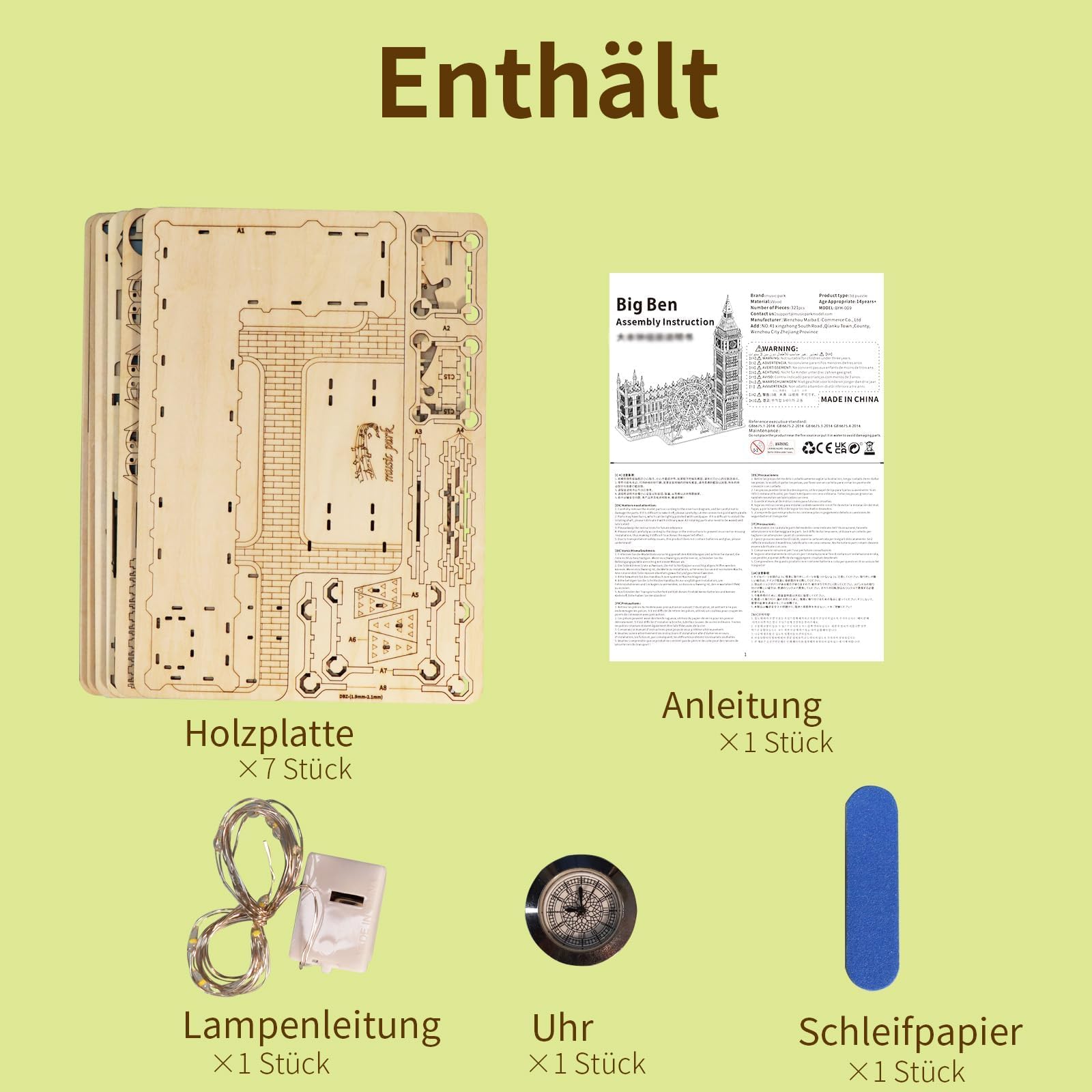 Music Park 3D Puzzle Holz Erwachsene Big Ben Modellbau mit echter Uhr Personalisierte Geschenke für Frauen Deko Wohnzimmer