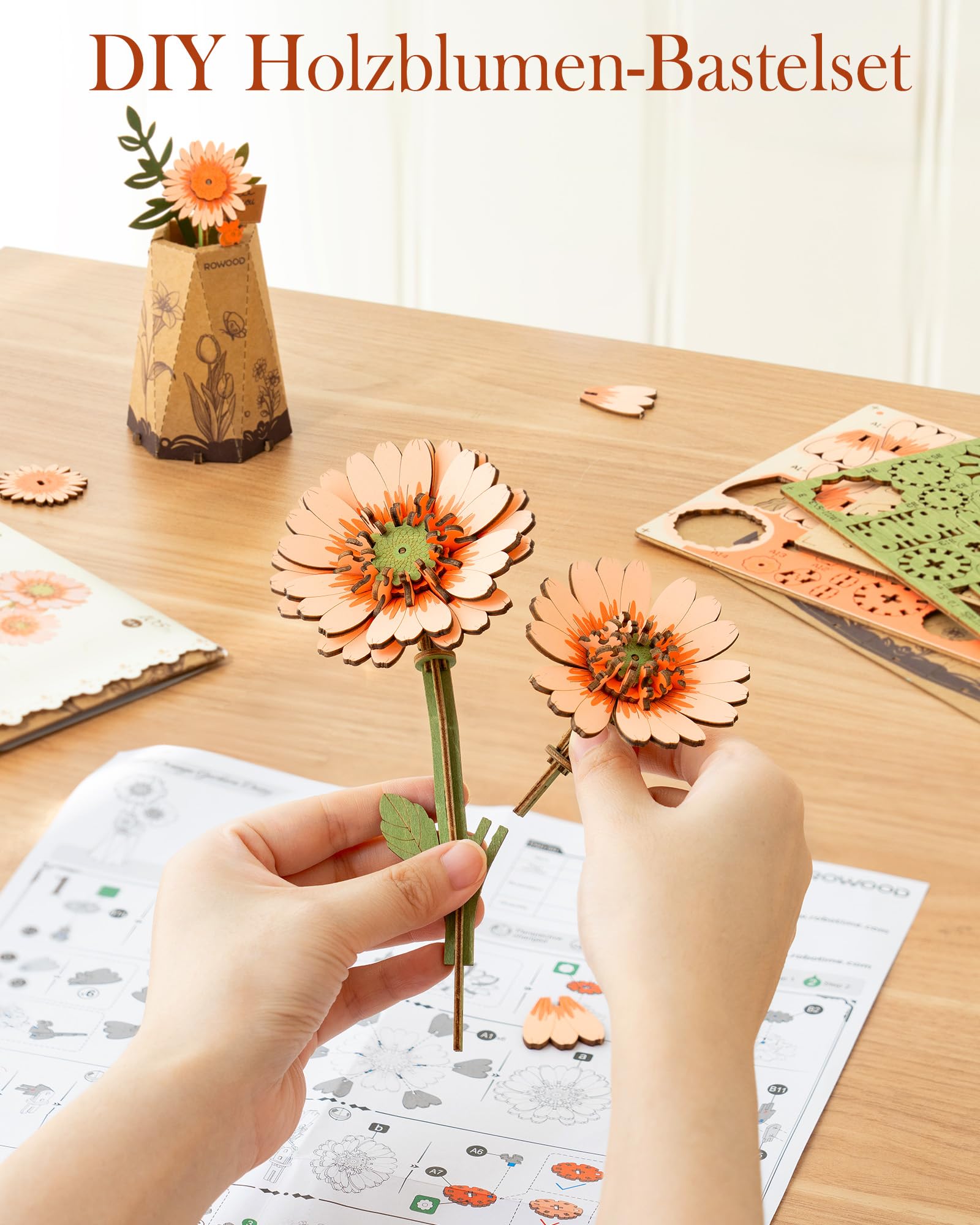 rowood Gerbera Künstliche Blume Holz 3D Puzzle Bastelset für Erwachsene Kinder Holzblume Modellbausätz für Dekoration Zuhause Kreative Geschenkidee zum Muttertag Valentinstag