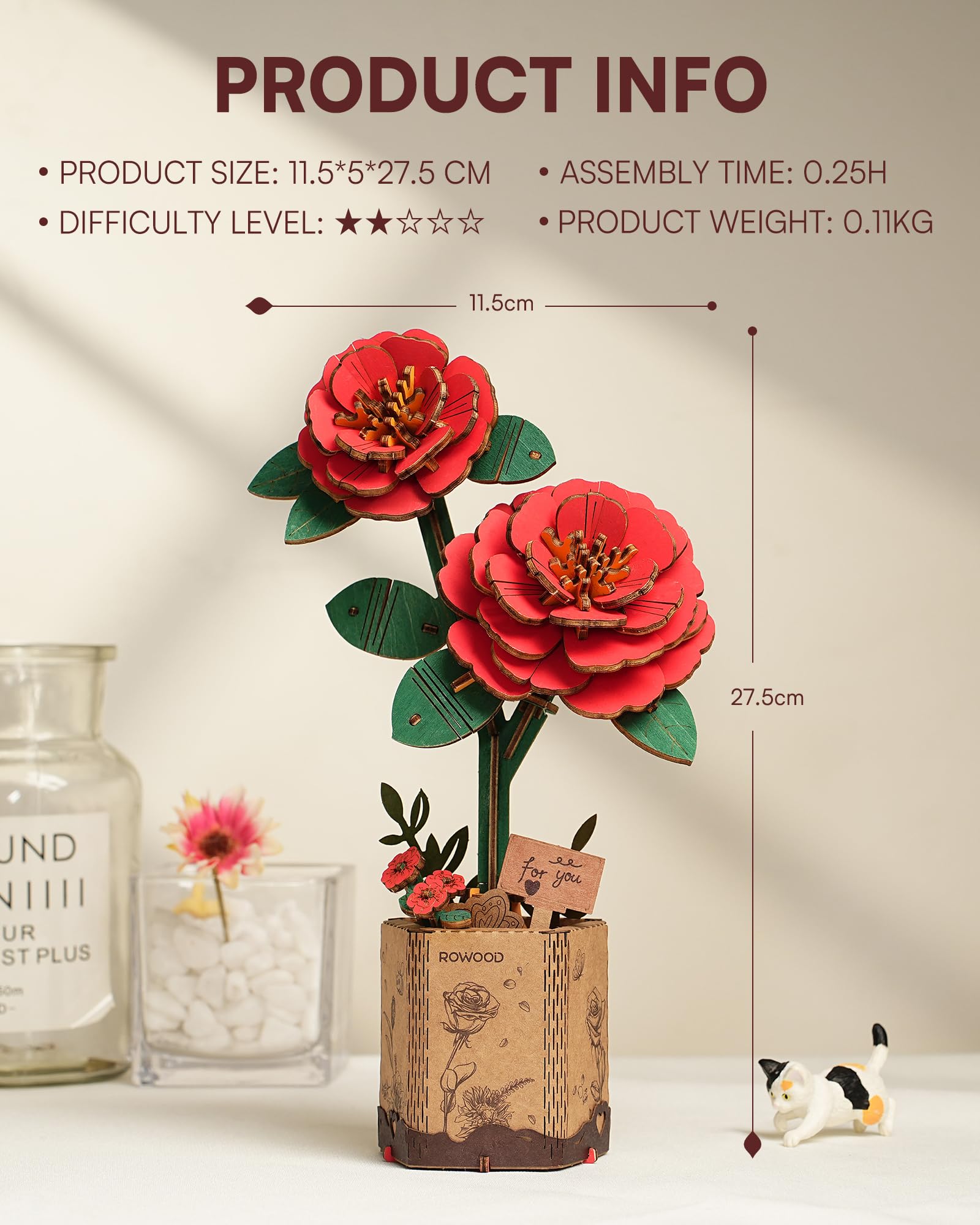 rowood 3D Puzzle Rote Kamelie, DIY-Blume Aus Holz, Modellbausätze Für Künstliche Blumen Zum Zusammenbauen Für Erwachsene, Beste Heimdekoration Und Valentinstags-Spielzeug-Geschenkset