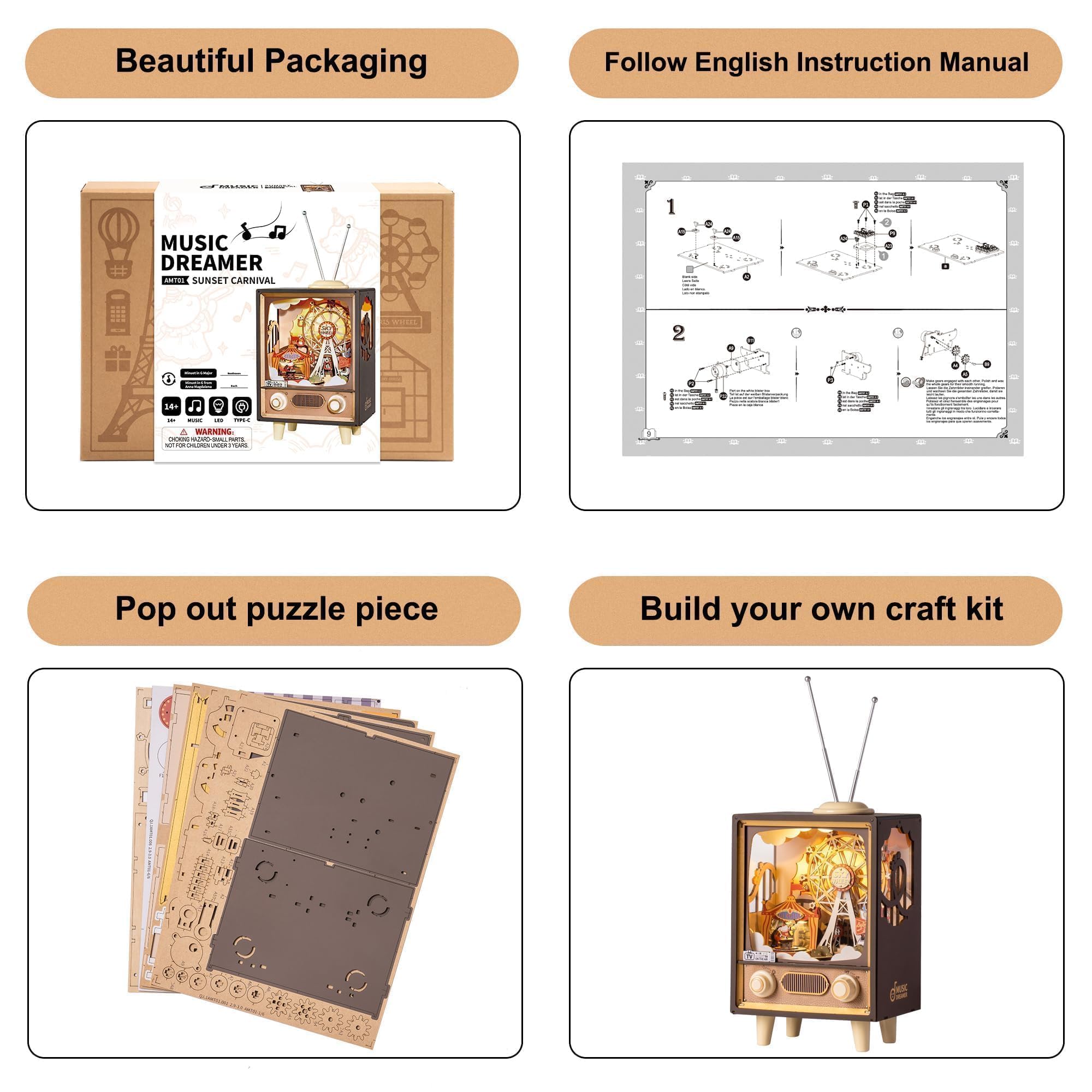 RoWood 3D Puzzle Modellbau Freizeitpark Spieluhr & Nachtlicht aus Holz | DIY Holzpuzzle Modellbausatz Bastelsets Geschenke für Erwachsene und Jugendliche