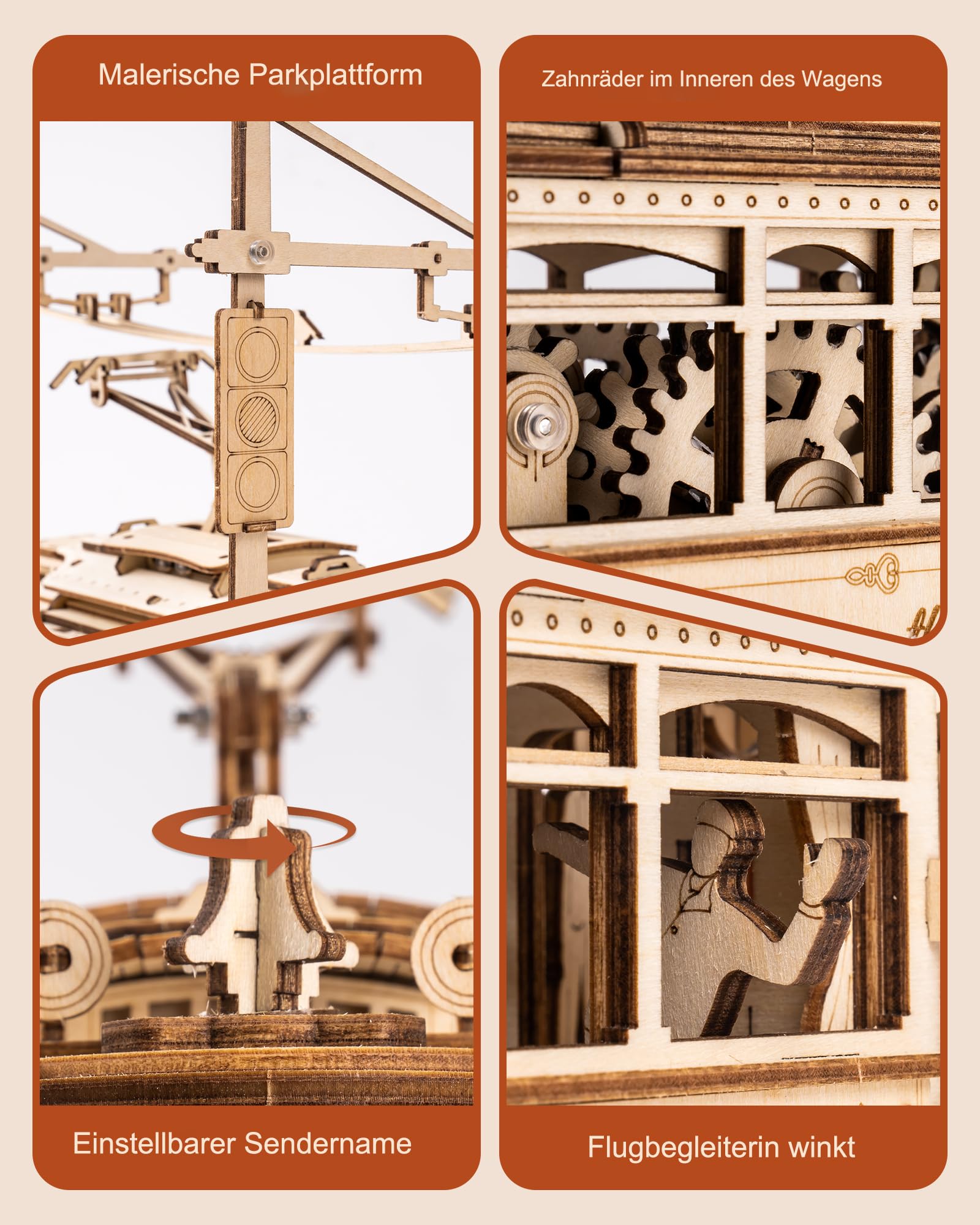 ROKR 3D Puzzle Holz Holzmodelle Bausätze für Erwachsene Klassische Stadt Straßenbahn Auto Modell, Classic City Tram, LK801