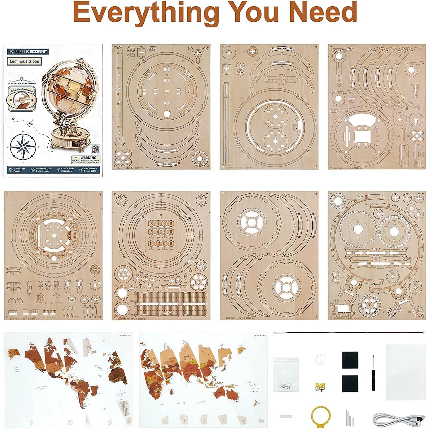 RoWood 3D Puzzle Holz Leuchtender Globus Modellbau mit LED, DIY 3D Holzpuzzle Weltkugel Modellbausatz Bastelsets für Erwachsene, Bastelset Geschenk zum Geburtstag/Weihnachten