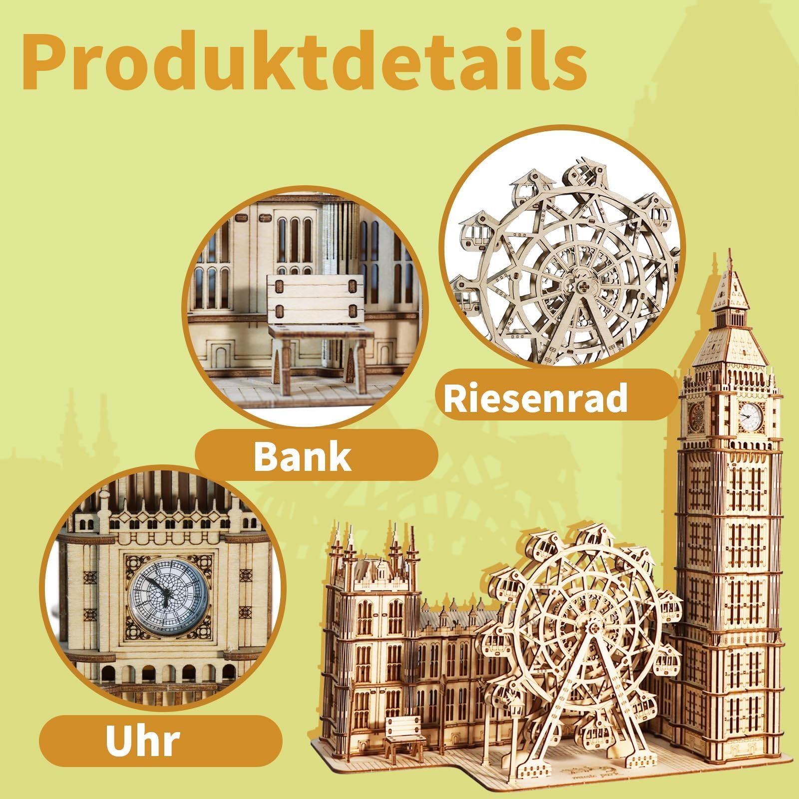 Music Park 3D Puzzle Holz Erwachsene Big Ben Modellbau mit echter Uhr Personalisierte Geschenke für Frauen Deko Wohnzimmer