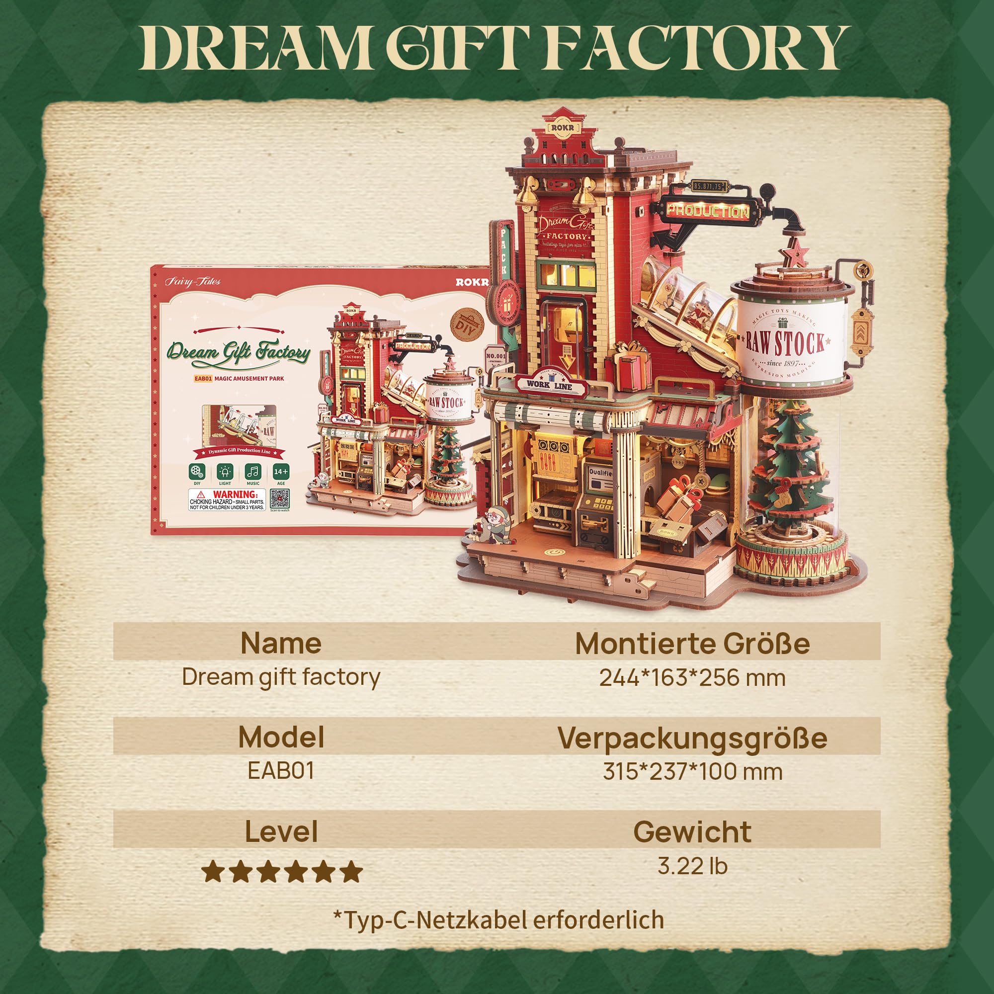 ROKR 3D Puzzle Holz Traumgeschenkfabrik, 3D Holzpuzzle Erwachsene Mechanisch, Musik-Modellbausätze für Erwachsene, Dream Gift Factory, EAB01