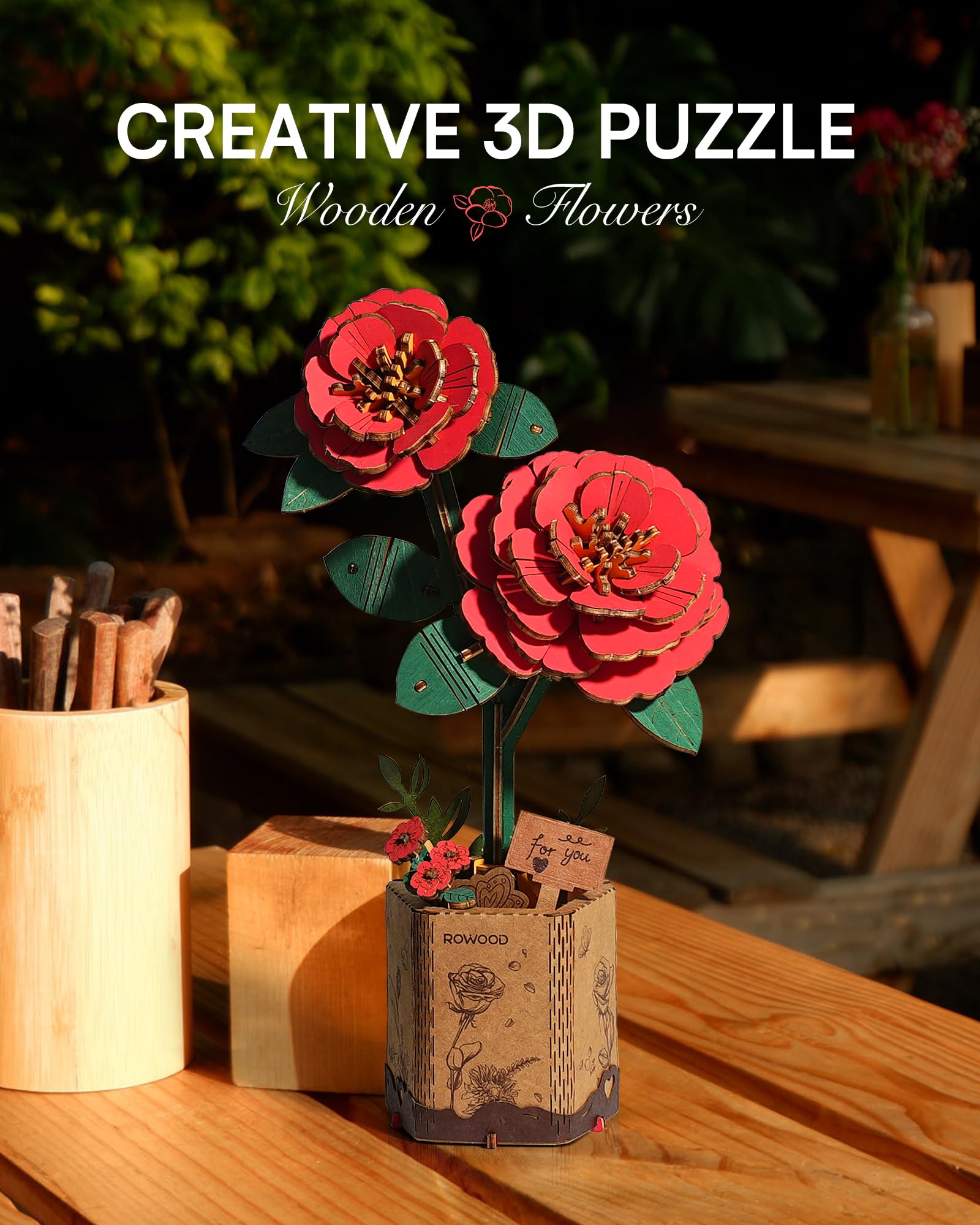 rowood 3D Puzzle Rote Kamelie, DIY-Blume Aus Holz, Modellbausätze Für Künstliche Blumen Zum Zusammenbauen Für Erwachsene, Beste Heimdekoration Und Valentinstags-Spielzeug-Geschenkset