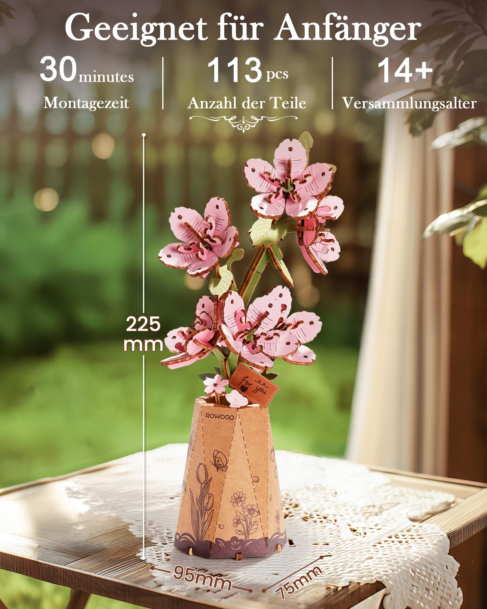 rowood Sakura Künstliche Blume Holz 3D Puzzle Bastelset für Erwachsene Kinder Holzblume Modellbausätz für Dekoration Zuhause Kreative Geschenkidee zum Muttertag Valentinstag