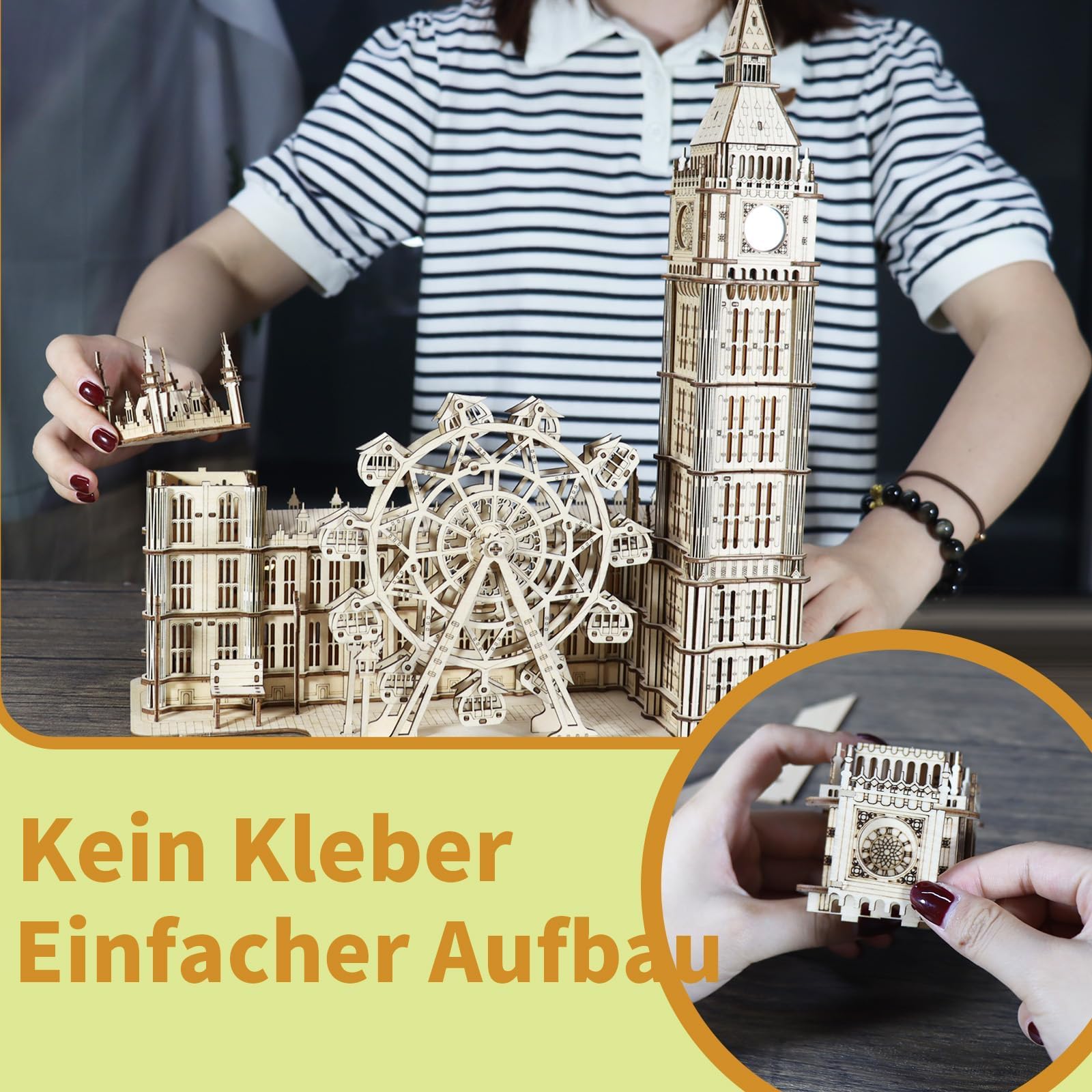 Music Park 3D Puzzle Holz Erwachsene Big Ben Modellbau mit echter Uhr Personalisierte Geschenke für Frauen Deko Wohnzimmer