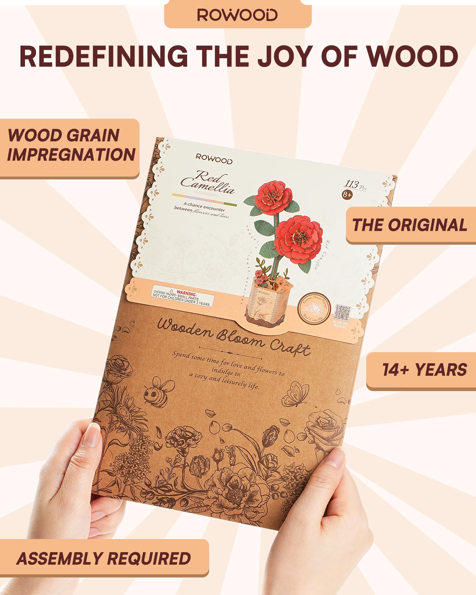 rowood 3D Puzzle Rote Kamelie, DIY-Blume Aus Holz, Modellbausätze Für Künstliche Blumen Zum Zusammenbauen Für Erwachsene, Beste Heimdekoration Und Valentinstags-Spielzeug-Geschenkset