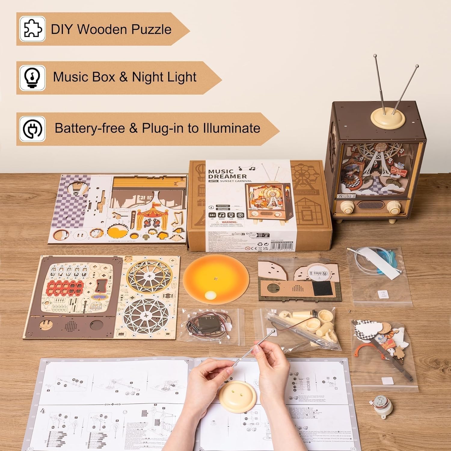 RoWood 3D Puzzle Modellbau Freizeitpark Spieluhr & Nachtlicht aus Holz | DIY Holzpuzzle Modellbausatz Bastelsets Geschenke für Erwachsene und Jugendliche