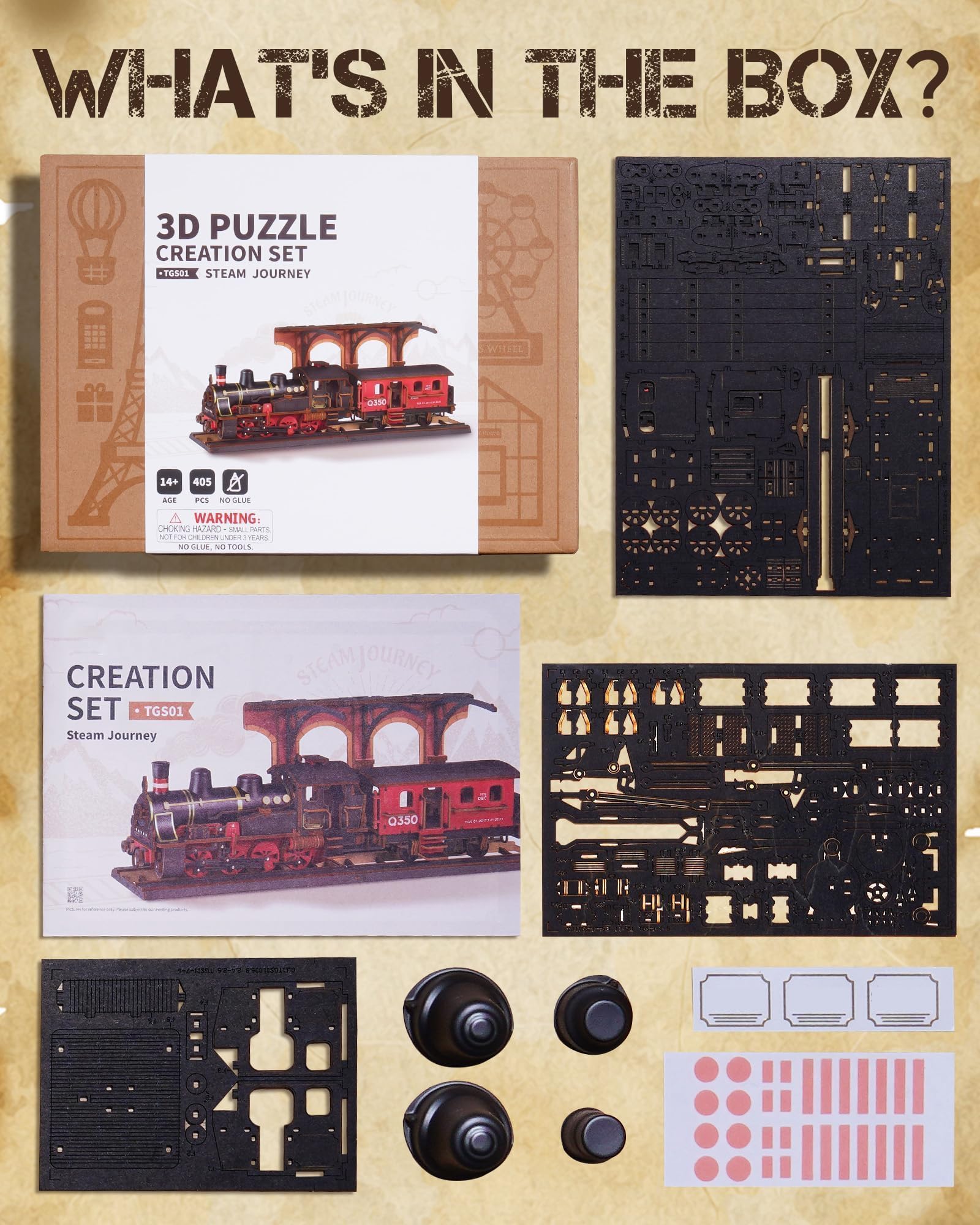 ROWOOD Dampflok 3D Holzpuzzle, Holzeisenbahn Modellbausätze Für Erwachsene Zum Bauen, Vintage Bastelset Für Handwerksmodelle, DIY Weihnachts Und Geburtstagsgeschenke Für Männer Und Jungen