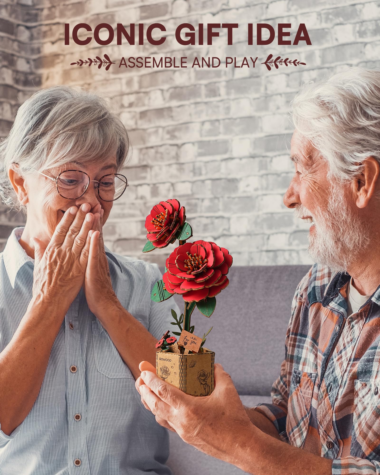 rowood 3D Puzzle Rote Kamelie, DIY-Blume Aus Holz, Modellbausätze Für Künstliche Blumen Zum Zusammenbauen Für Erwachsene, Beste Heimdekoration Und Valentinstags-Spielzeug-Geschenkset