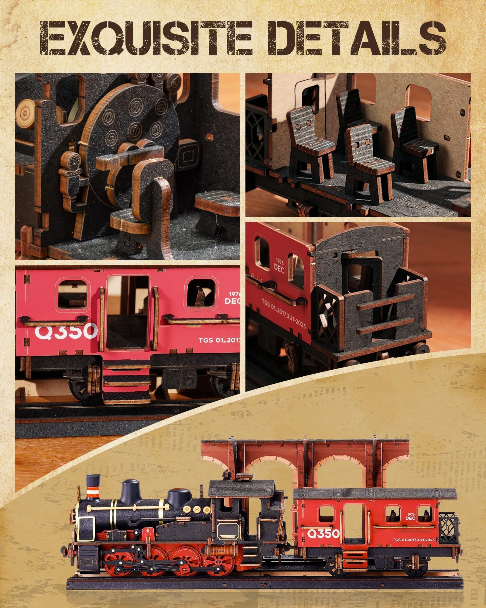 ROWOOD Dampflok 3D Holzpuzzle, Holzeisenbahn Modellbausätze Für Erwachsene Zum Bauen, Vintage Bastelset Für Handwerksmodelle, DIY Weihnachts Und Geburtstagsgeschenke Für Männer Und Jungen
