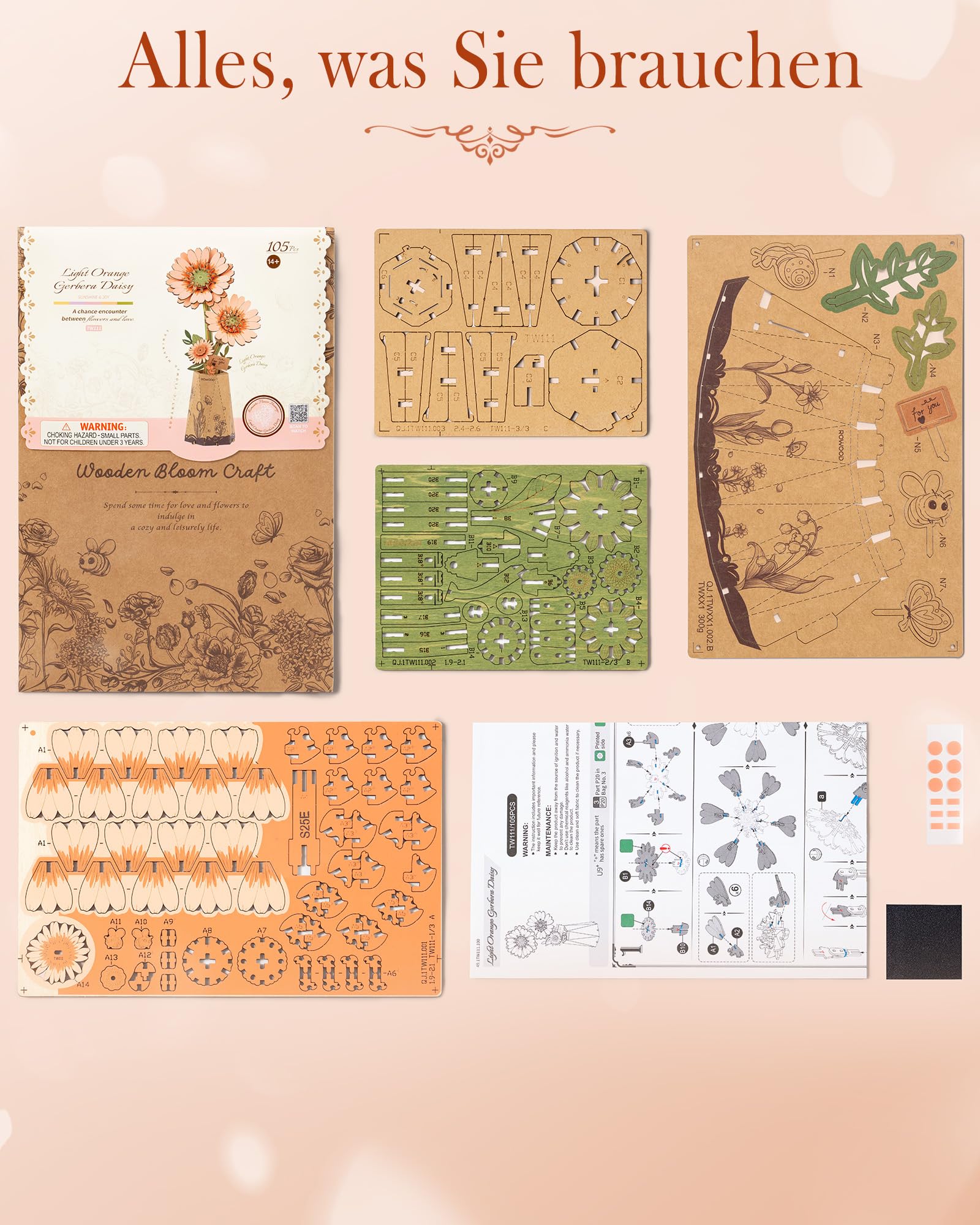 rowood Gerbera Künstliche Blume Holz 3D Puzzle Bastelset für Erwachsene Kinder Holzblume Modellbausätz für Dekoration Zuhause Kreative Geschenkidee zum Muttertag Valentinstag