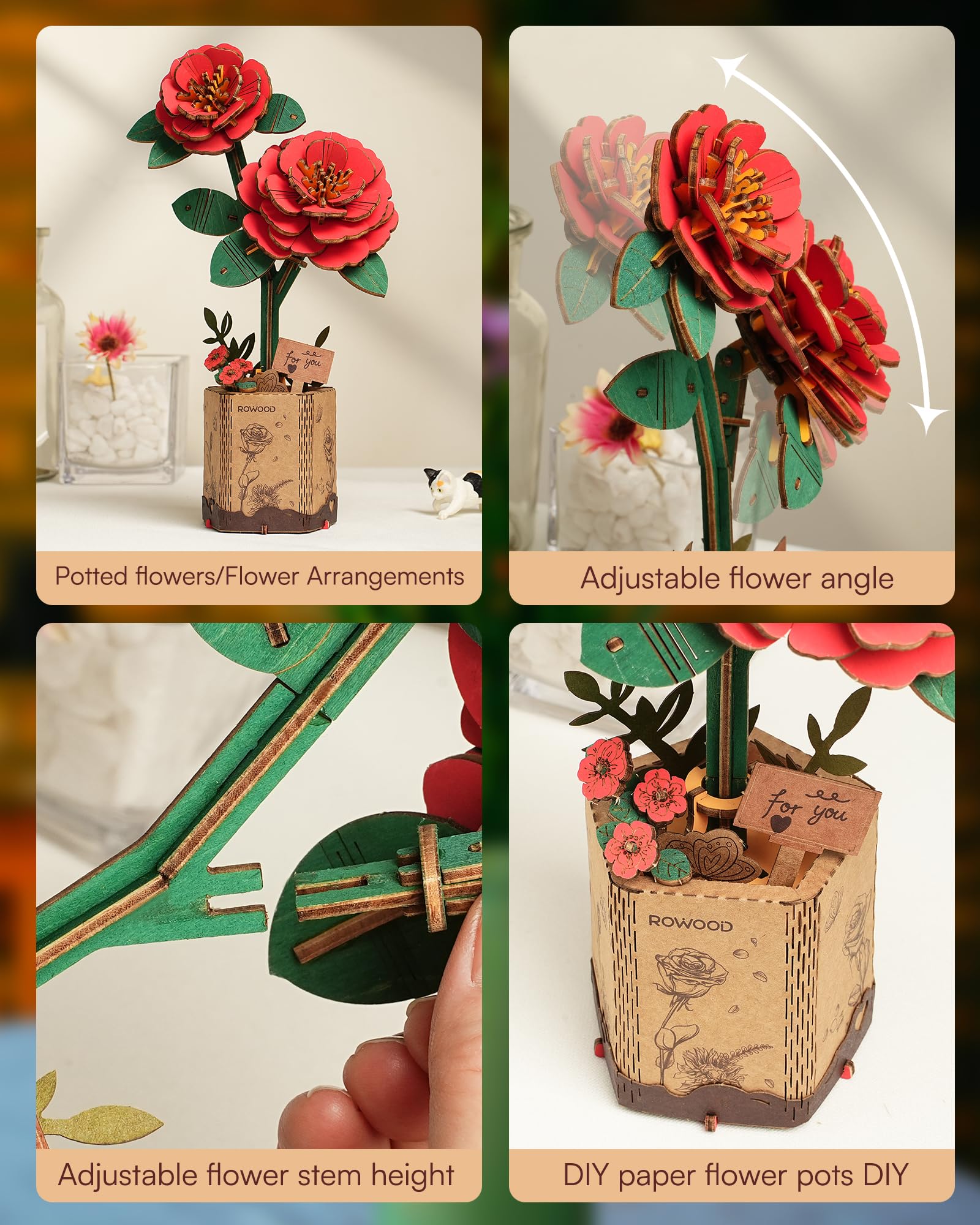 rowood 3D Puzzle Rote Kamelie, DIY-Blume Aus Holz, Modellbausätze Für Künstliche Blumen Zum Zusammenbauen Für Erwachsene, Beste Heimdekoration Und Valentinstags-Spielzeug-Geschenkset