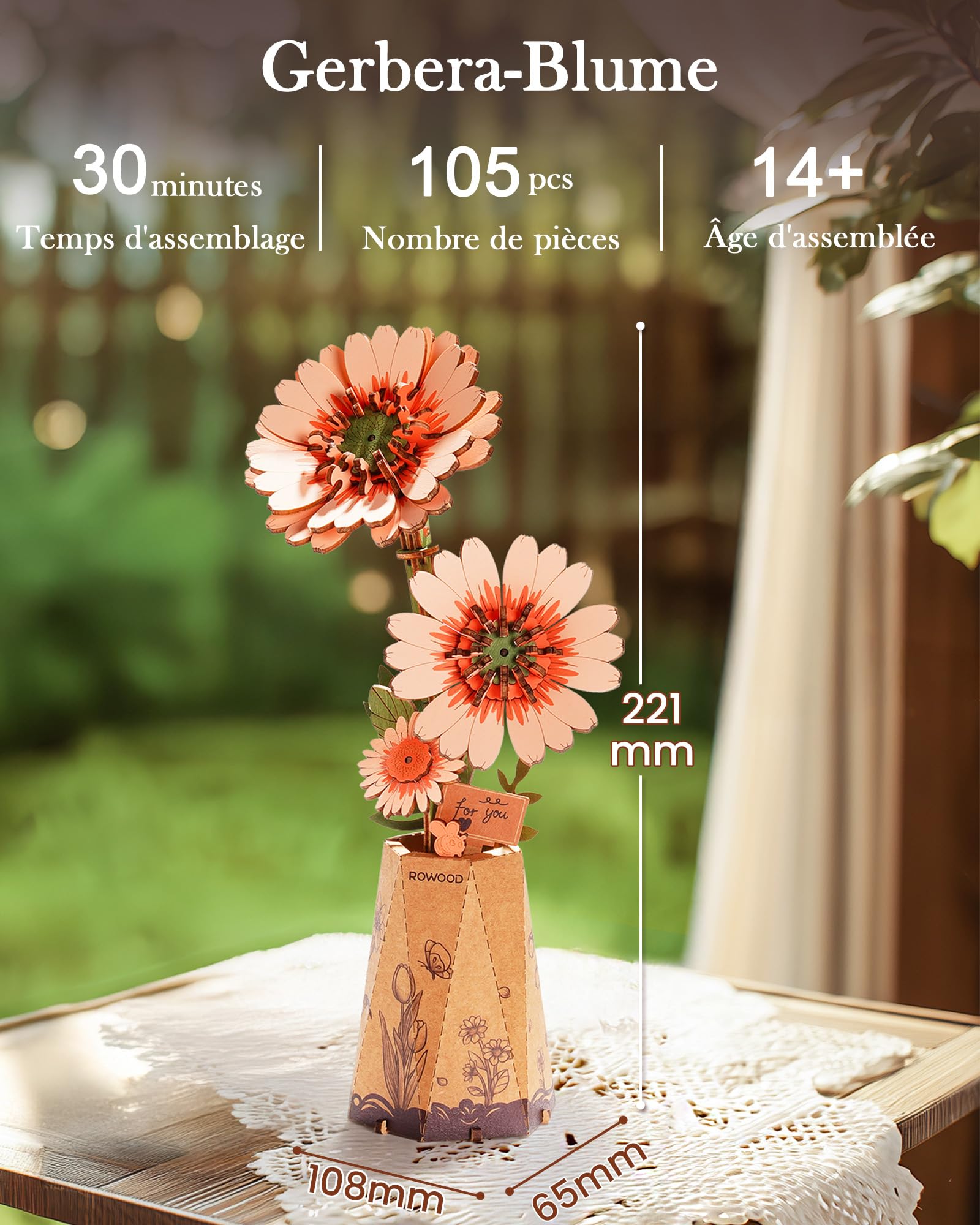 rowood Gerbera Künstliche Blume Holz 3D Puzzle Bastelset für Erwachsene Kinder Holzblume Modellbausätz für Dekoration Zuhause Kreative Geschenkidee zum Muttertag Valentinstag