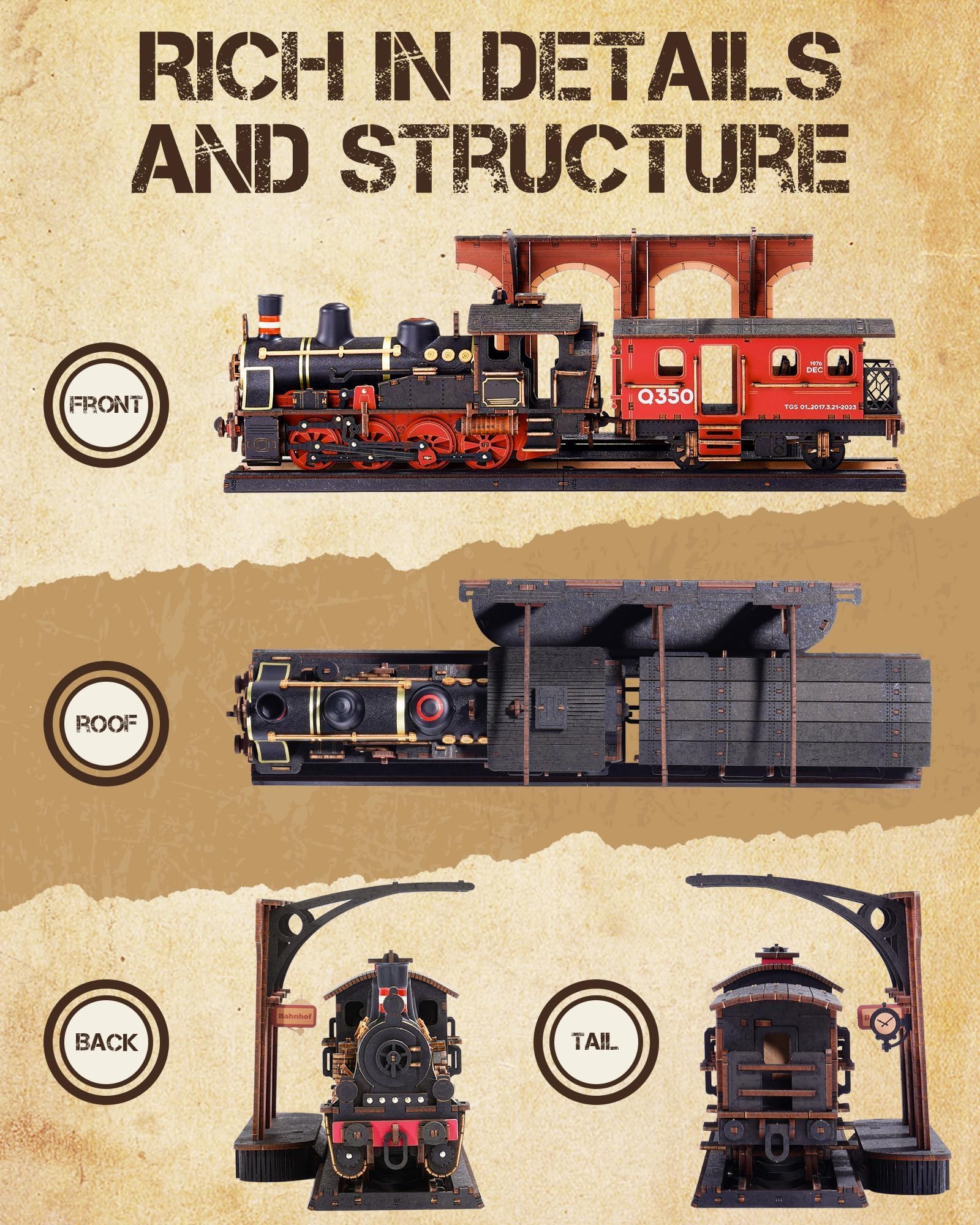 ROWOOD Dampflok 3D Holzpuzzle, Holzeisenbahn Modellbausätze Für Erwachsene Zum Bauen, Vintage Bastelset Für Handwerksmodelle, DIY Weihnachts Und Geburtstagsgeschenke Für Männer Und Jungen