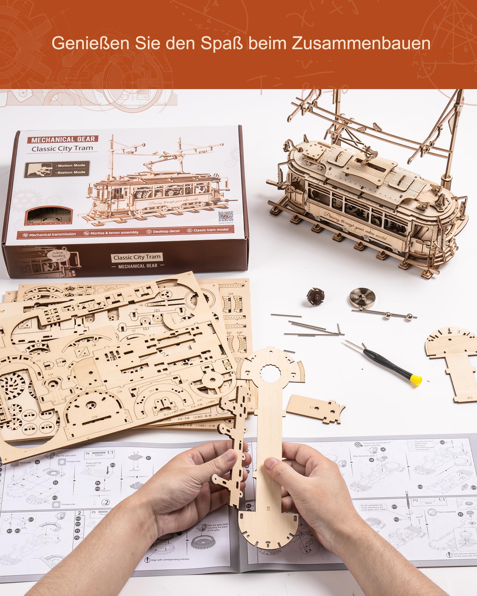 ROKR 3D Puzzle Holz Holzmodelle Bausätze für Erwachsene Klassische Stadt Straßenbahn Auto Modell, Classic City Tram, LK801