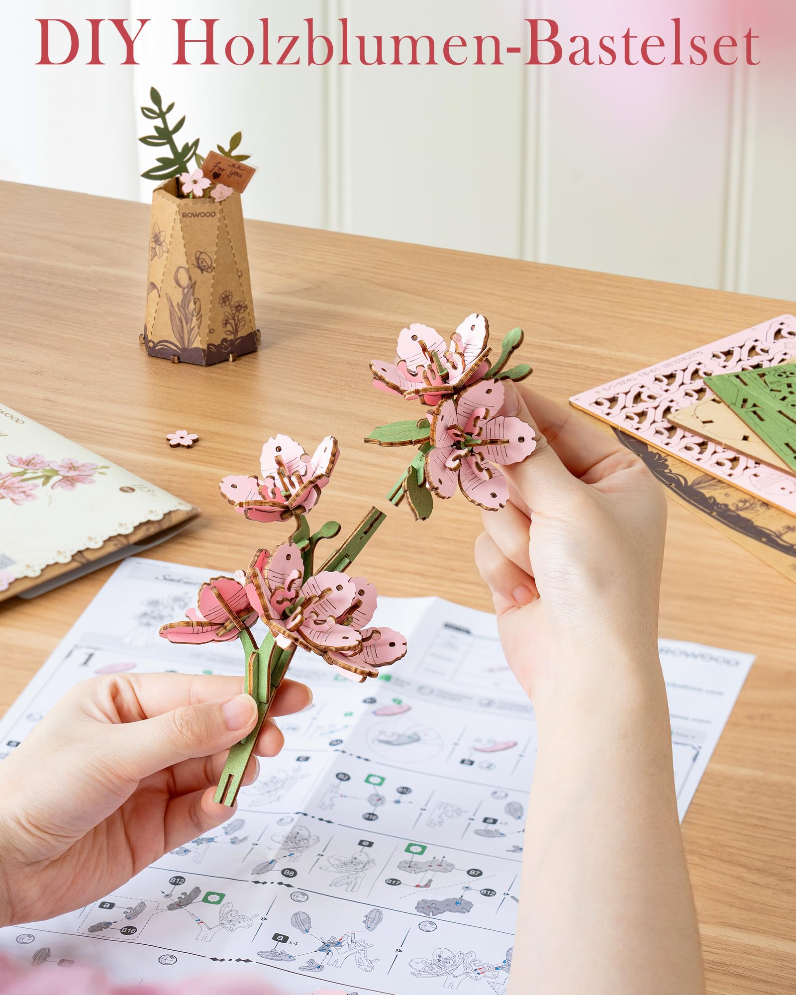 rowood Sakura Künstliche Blume Holz 3D Puzzle Bastelset für Erwachsene Kinder Holzblume Modellbausätz für Dekoration Zuhause Kreative Geschenkidee zum Muttertag Valentinstag