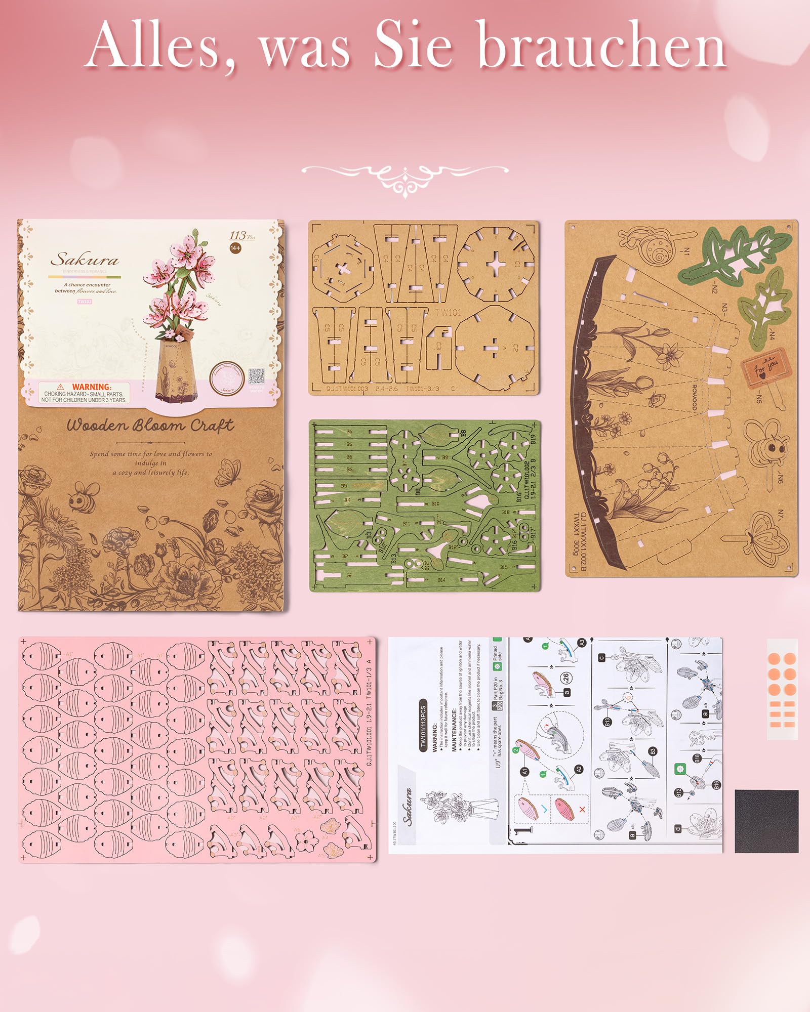 rowood Sakura Künstliche Blume Holz 3D Puzzle Bastelset für Erwachsene Kinder Holzblume Modellbausätz für Dekoration Zuhause Kreative Geschenkidee zum Muttertag Valentinstag